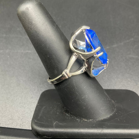 10K HGE Silver Tone Blue Glass Statement Cocktail Ring Size 7