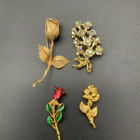 Vintage Brooches Jewelry Lot of 11 Rhinestone Enamel Floral Gold Silver Tone