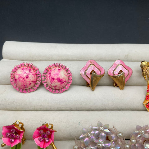 Vintage Floral Enamel Clip On Earrings Lot of 7 Pairs Mid-Century Retro Styles