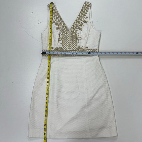 Lilly Pulitzer Women's White Gold Soutache Trim Cotton V-Neck Shift Dress Sz 4