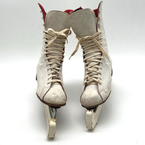 Vintage 1950s White Leather Figure Ice Skates Tyer Rubber Blade Guards Size 5