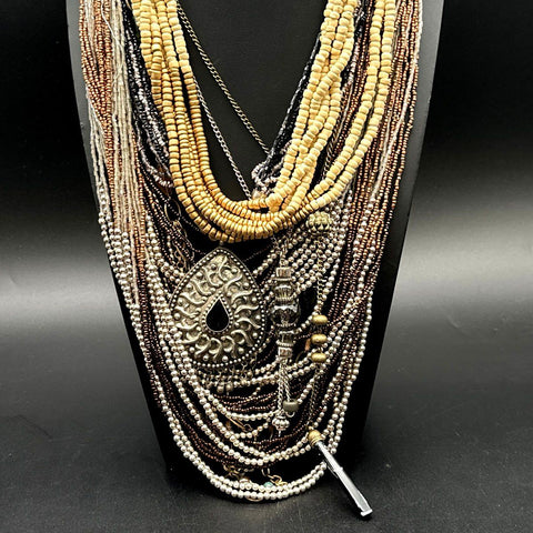 Bohemian Beaded Multi-Strand Statement Necklace Lot of 2 Silver Tone Pendants