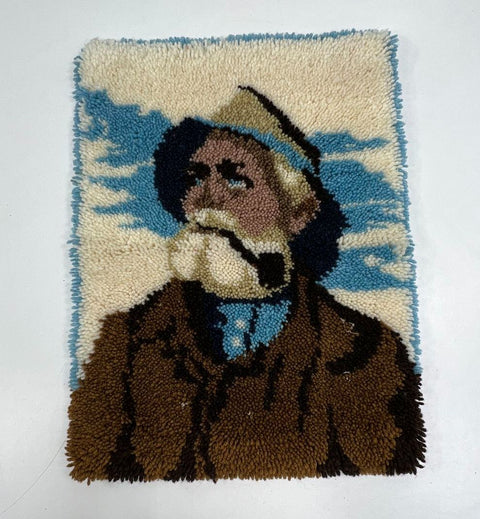 Vintage 70s Handmade Latch Hook Rugs Lot of 2 Fisherman & Monogram B Wall Art