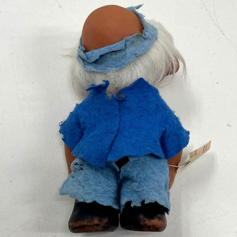 Vintage 1982 DAM Troll Doll Made in Denmark White Hair Blue Felt Outfit 8 Inch