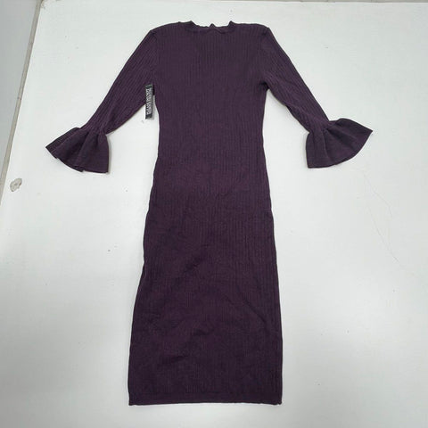 NY&C Women's Purple Ribbed Metallic Bell Sleeve Sweater Dress Size S NWT