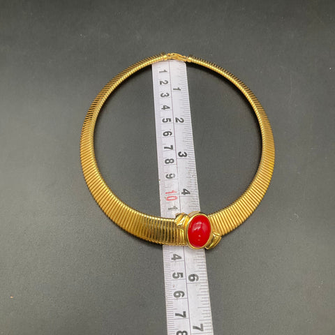 Vintage Monet Gold Tone Red Cabochon Collar Choker Necklace Signed