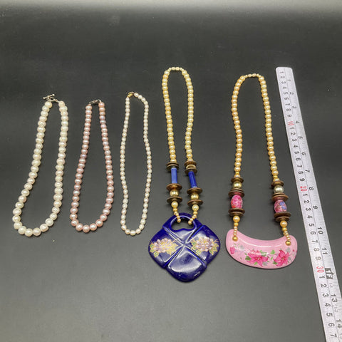Vintage Asian Ceramic Floral Pendants & Cultured Pearl Necklace Jewelry Lot of 5