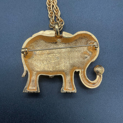 Kenneth Jay Lane for Avon Elephant Brooch Pendant Necklace Gold Tone Rhinestone