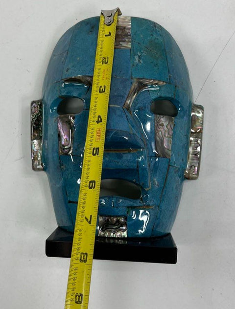 Vintage Aztec Mayan Style Mosaic Mask Blue Stone & Abalone Sculpture 8.5" Folk