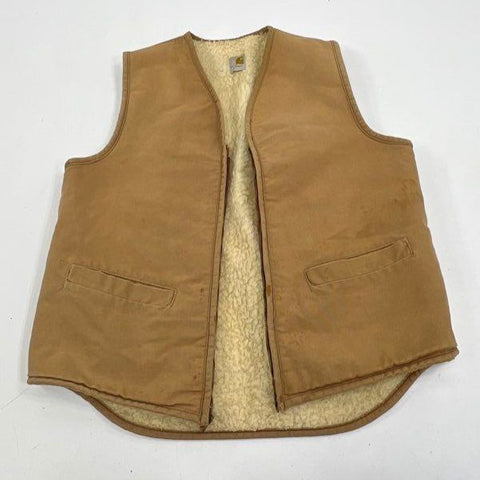 Vintage Carhartt Duck Canvas Sherpa Lined Zip Vest Tan Brown Men's Large Tall LT