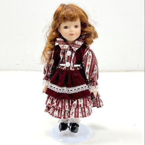 Porcelain Doll Vintage Auburn Curly Hair Burgundy Lace Dress 13" With Stand