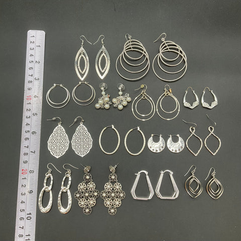 Silver Tone Fashion Earring Lot of 14 Pairs Hoops Chandelier Dangle Styles