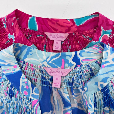 Lilly Pulitzer Women's Lot of 2 Silk Elsa Tops Pink Floral Blue Seashell Sz XS