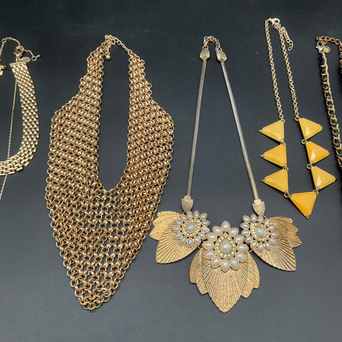 Vintage Statement Necklace Lot of 7 Gold Tone Bib Mesh Beaded Faux Pearl