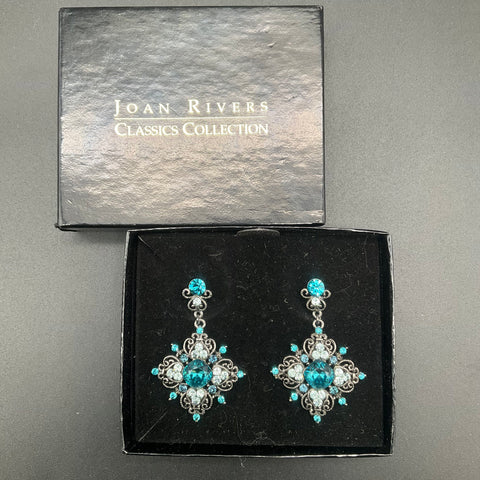 Joan Rivers Classics Blue Crystal Rhinestone Dangle Drop Earrings Signed Box