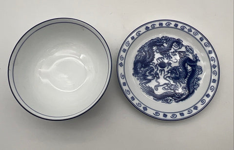 Blue Moon Chinese Dragon Blue and White Porcelain Bowl and Plate Set 2 Piece