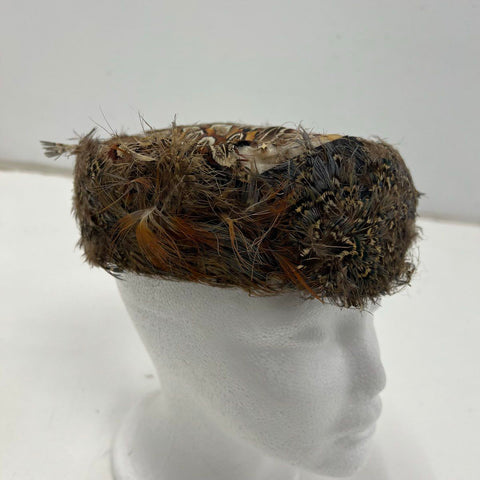 Lot 2 Vintage Brown Ivory Feather Pillbox Fascinator Cocktail Hats Womens