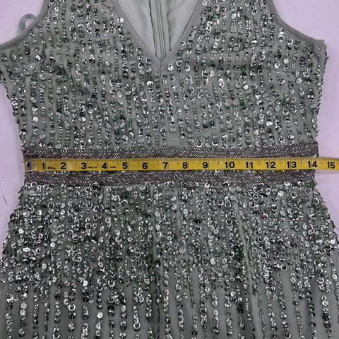 Mac Duggal Women's Sage Green Sequin Embellished Sleeveless V-Neck Dress Sz 6
