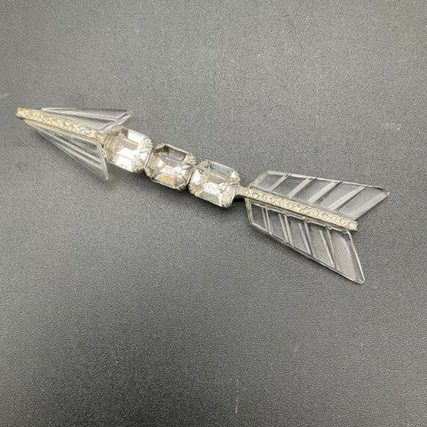 Antique Art Deco Arrow Brooch Rhinestone Glass Silver Tone 5 Inch 18.1g