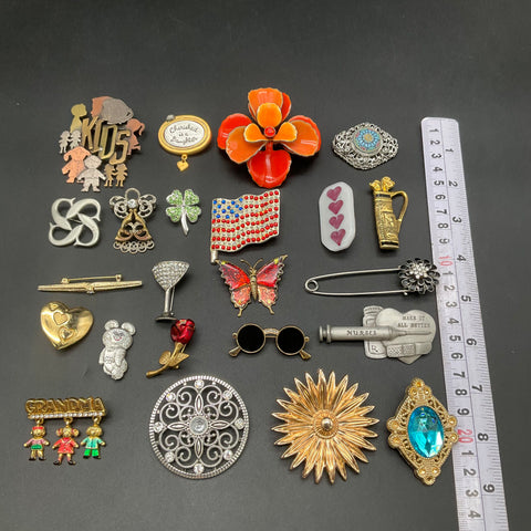 Vintage & Modern Costume Brooch Lot of 25 Rhinestone Enamel Pewter Pins