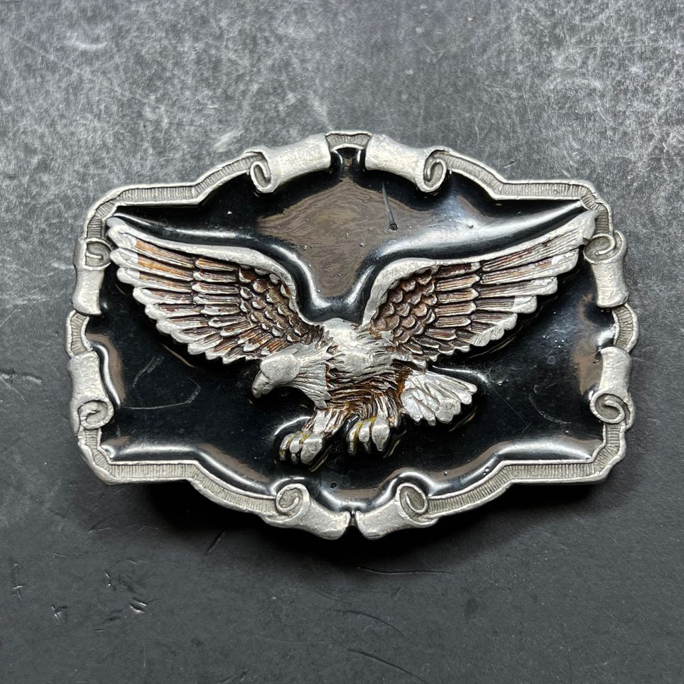 The Great American Buckle Co Silver Tone Black Enamel Belt Buckle Vintage