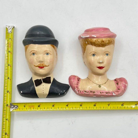 Vintage Mid-Century Chalkware Plaster Busts Wall Hanging Pair 6" Unsigned