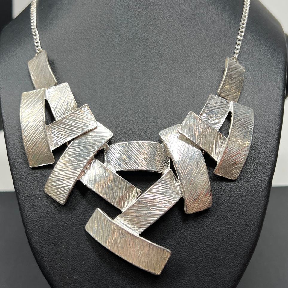 Silver Tone Linked Rectangle Bib Statement Necklace