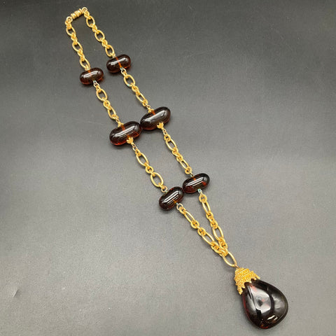Vintage Mid-Century Gold Tone Faux Tortoiseshell Glass Teardrop Pendant Necklace