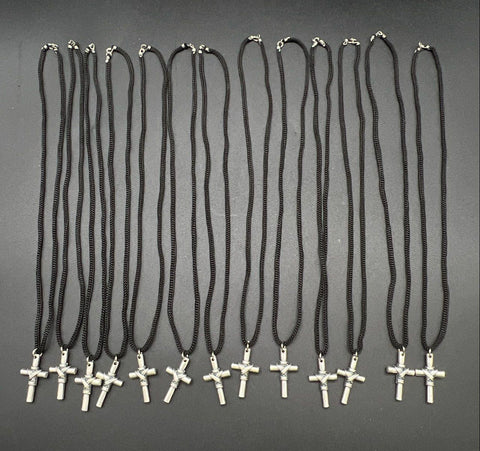 Silver Tone Wire Wrapped Cross Pendant Lot 16 Black Cord Necklaces Religious