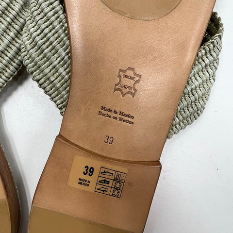 Jenni Kayne Woven Criss Cross Slide Sandal Sage Green Leather Flats Size 39