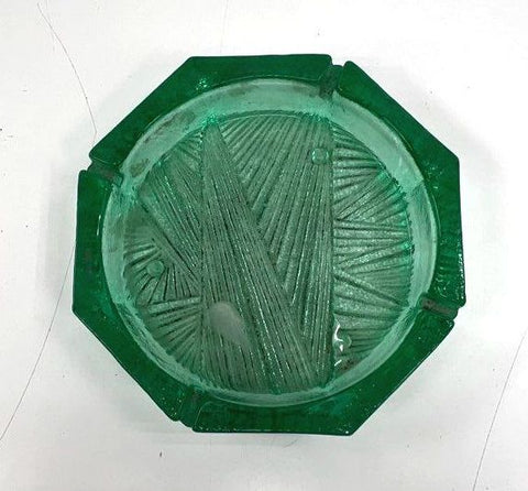 Pressed Glass Green Octagonal Ashtray Textured Linear Pattern Vintage 7.5 Inch