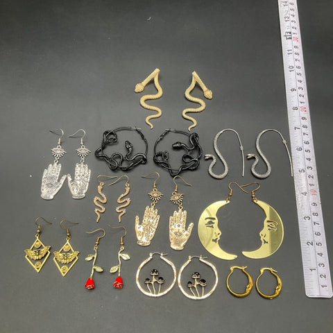 Mystical Celestial Theme Costume Earring Lot 11 Pairs Snake Moon Hamsa Rose