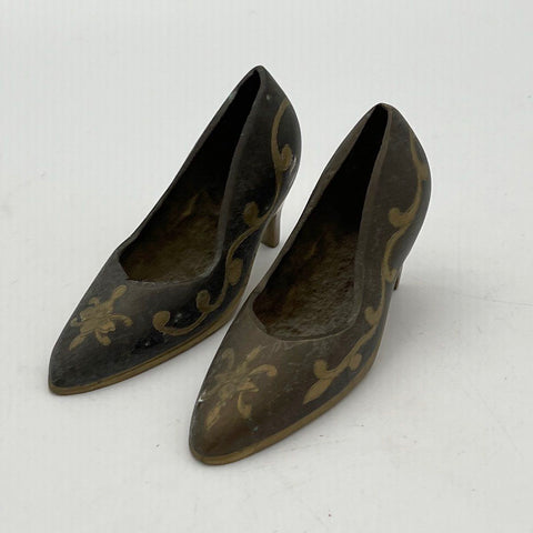 Vintage Brass Miniature High Heel Shoe Figurines Pair Ornate Floral Scroll