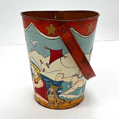 Vintage Litho Tin Sand Pail and Shovel Set Children Beach Scene Toy 1950s