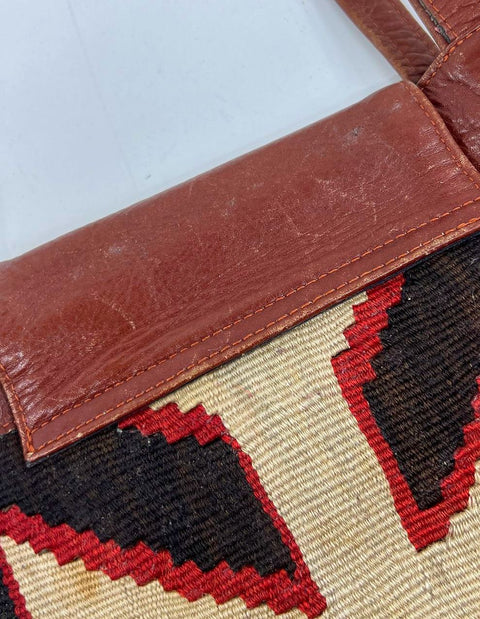 Vintage 90s Yun Art Brown Woven Kilim Southwestern Leather Shoulder Bag Tote