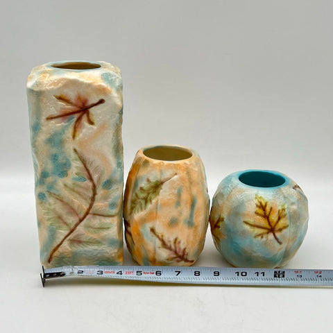 Studio Pottery Vase Lot 3 Pieces Signed Heart A Autumnal Leaf Motif Vintage