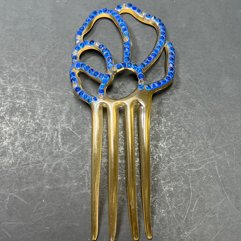 Vintage Art Deco Celluloid Hair Comb Openwork Blue Rhinestone Spanish Mantilla