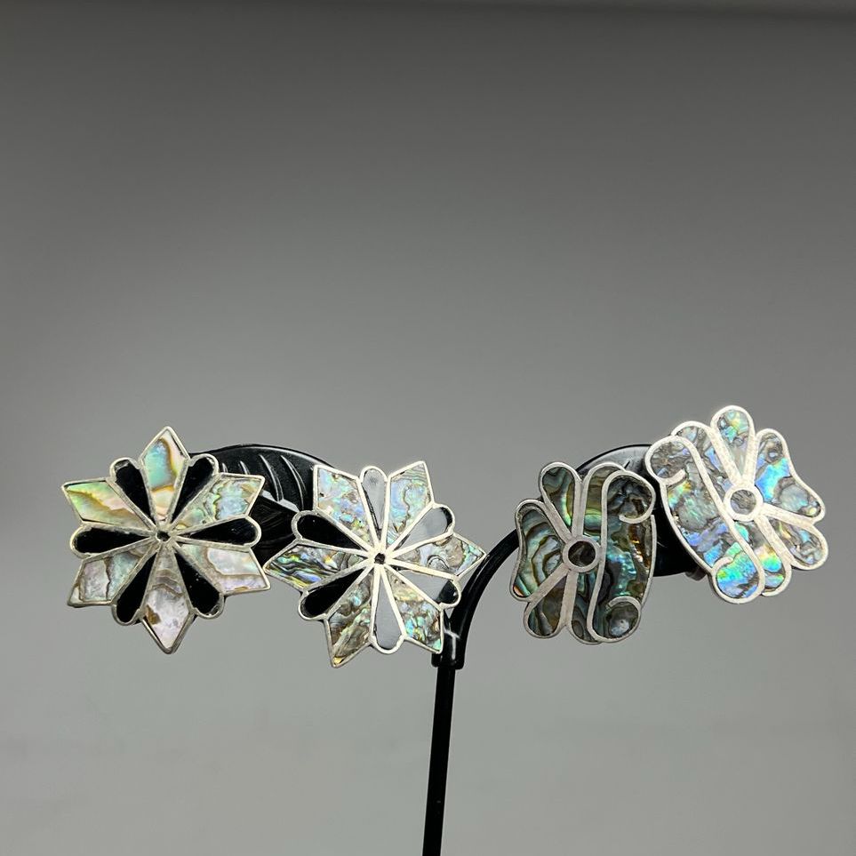 2 Pair Mexico 925 Sterling Silver Abalone Clip On Screw Back Earrings 22.88g
