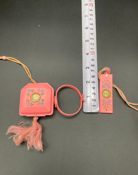 Vintage Mid-Century Girl's Pink Celluloid Toy Jewelry Set Watch Compact Comb