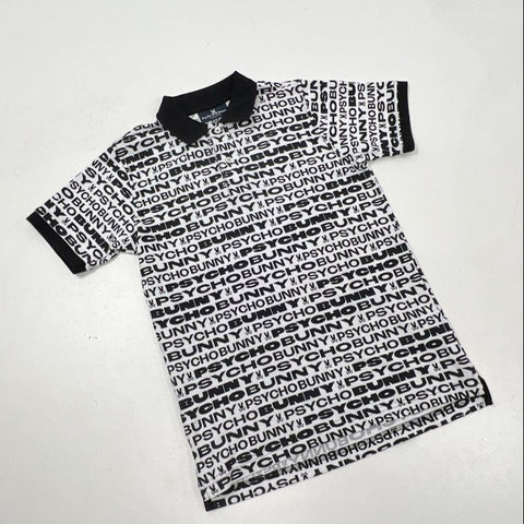 Psycho Bunny Boys White Black All Over Logo Print Pique Polo Shirt Sz L 14/16