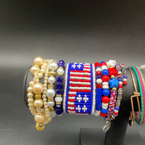 Vintage & Modern Bracelet Lot of 30 Faux Pearl Bangle Beaded USA Patriotic Skull
