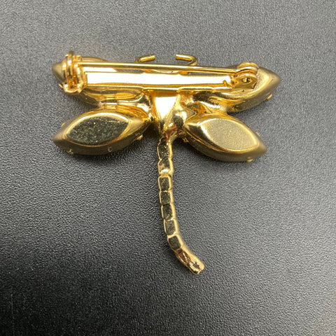Vintage 1980s Gold Tone AB Rhinestone Dragonfly Brooch UV Reactive Eyes