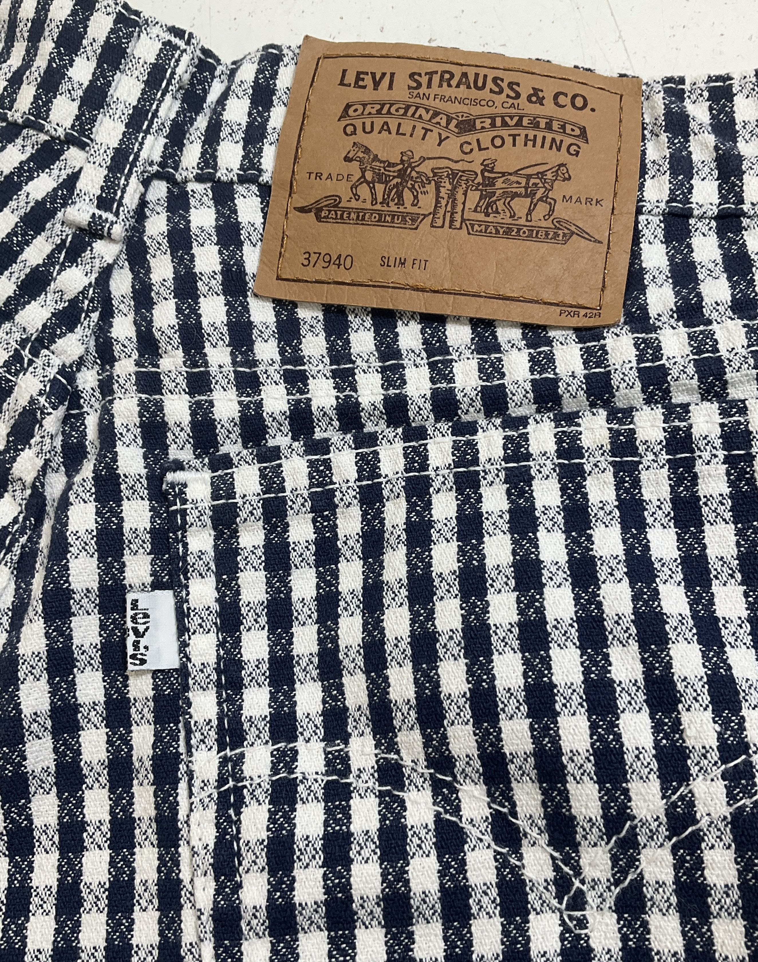 Vintage 90s Levi's 912 Navy White Gingham Check High Rise Shorts Women's 11 Jr