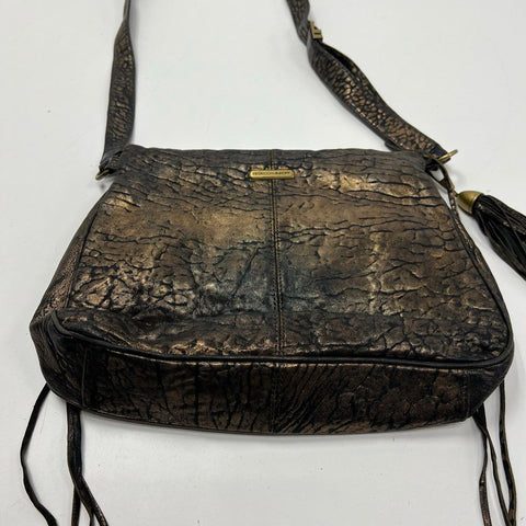 Rebecca Minkoff Copper Metallic Crackled Leather Flap Crossbody Bag Brass Tassel