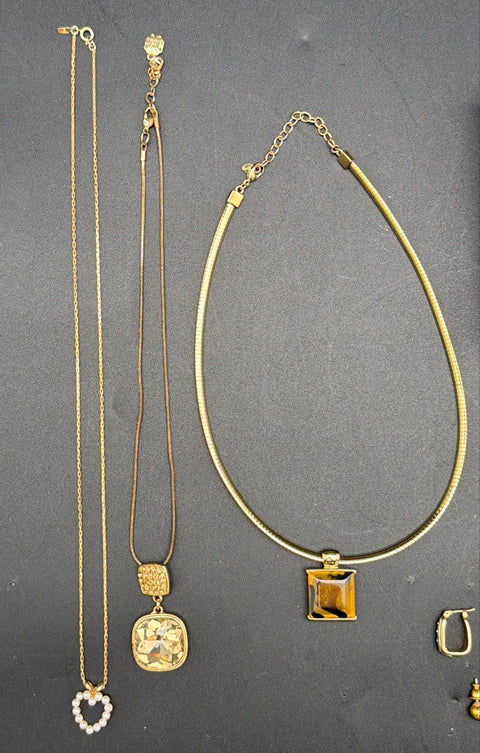 Vintage Monet Costume Jewelry Lot Gold Tone Necklaces Earrings Brooch 14 Pcs