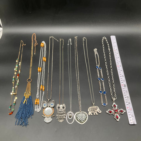 Vintage to Modern Costume Jewelry Lot 10pc Owl Elephant Cross Tassel Beads