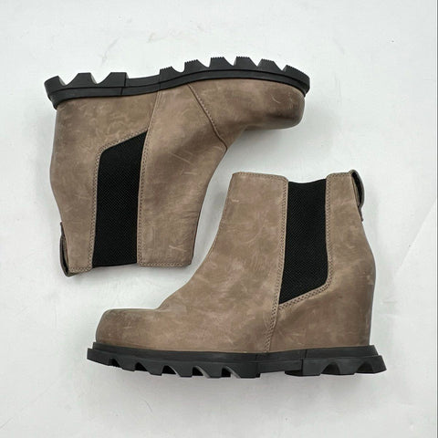 Sorel Joan of Arctic Wedge III Chelsea Taupe Leather Ankle Boots Size 7