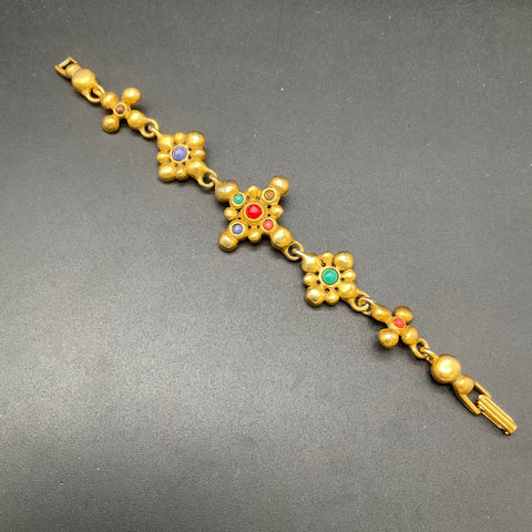 Vintage Etruscan Revival Brushed Gold Tone Multicolor Cabochon Bracelet 7"