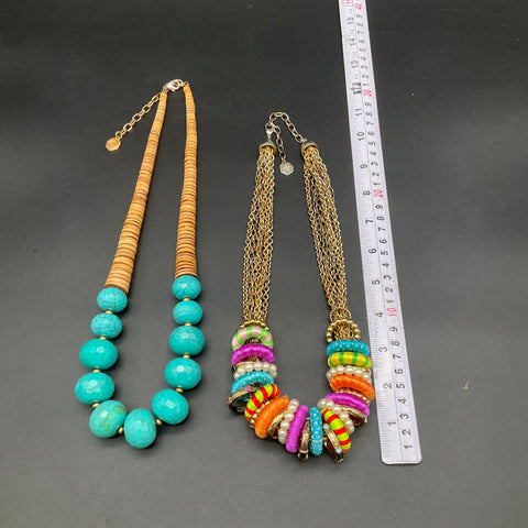 Graziano Gold Tone Statement Necklaces Lot of 2 Boho Beaded Turquoise Color