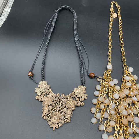 Vintage to Modern Costume Jewelry Lot 5 Necklaces Bib Beaded Floral Gold Tone